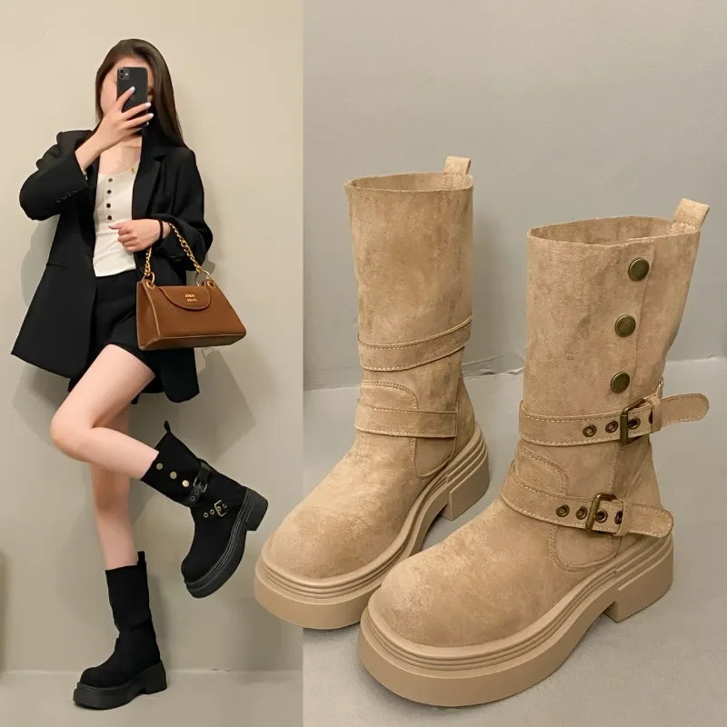 

Модные осенние женские ботинки на высоком каблуке, женская обувь на толстой подошве с металлической пряжкой, женские модные ботинки на средней подошве с губкой