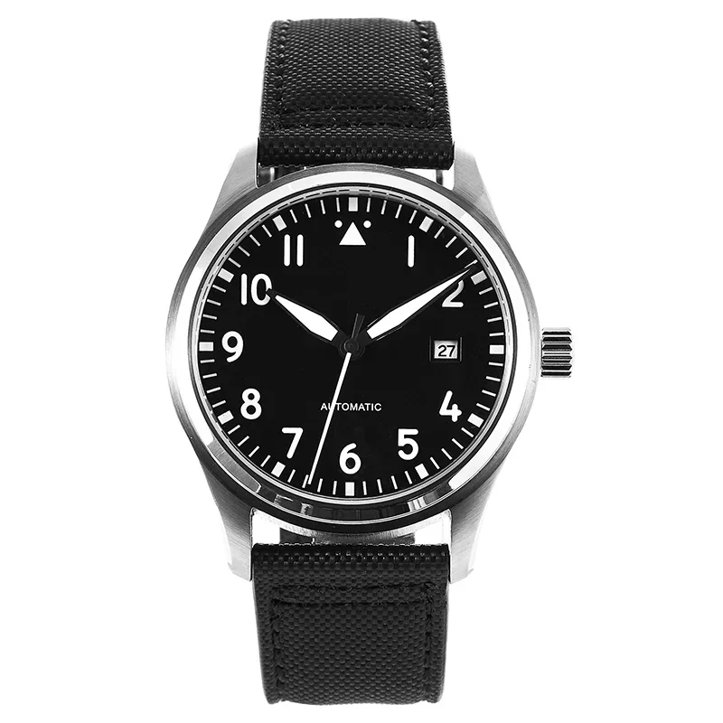 New 42mm Black Pilot Watch 5ATM MIYOTA Automatic Domed Sapphire Crystal Full Luminous Canvas Leather Strap