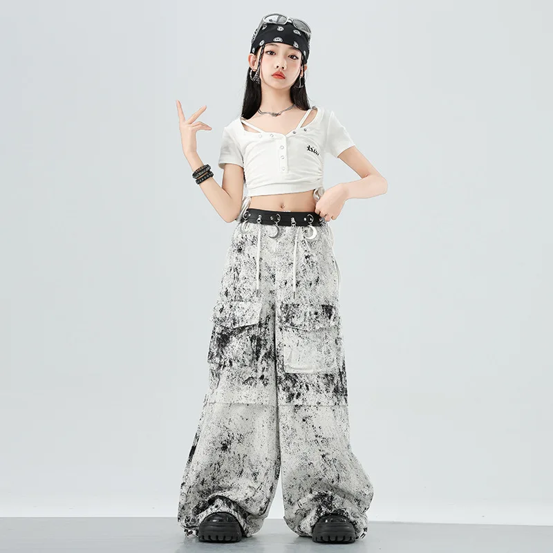 Meisjes K-pop Mode Crop Top Street Dance Losse Splash Inkt Cargo Broek Kinderen Hip Hop Kleding Set Kids streetwear Jazz Kostuum