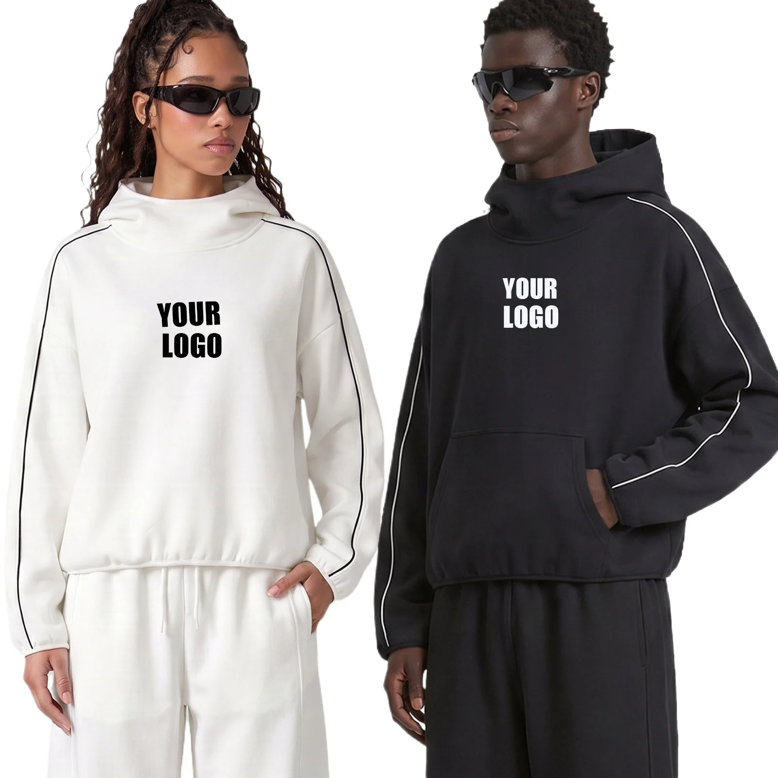 Personalized LOGO custom men's 350G heavy cotton velvet BOXY short and wide contrasting color American couple hooded sweater