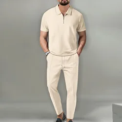 Tuta sportiva casual da uomo alla moda e alla moda, set di pantaloni lunghi con cerniera a maniche corte waffle