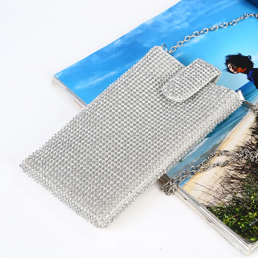 Shiny rhinestone mobile phone wallet, metal chain shoulder lipstick mini bag, dinner party dinner bags,solid color messenger bag