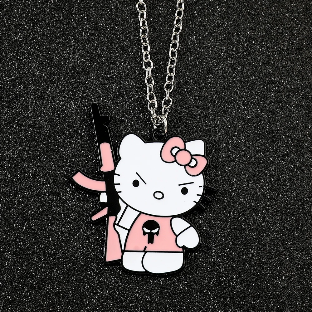 Funny Pink AK 47 Hello Kitty Necklace Kawaii Anime Sanrio Kitty Cat Metal Jewelry Pendant Man Toys