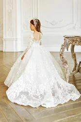 Luxury Flower Girl Dresses Long Sleeve for Wedding Prom Party Girls Pageant Gowns Lace Floral Appliques Kids Birthday Dress