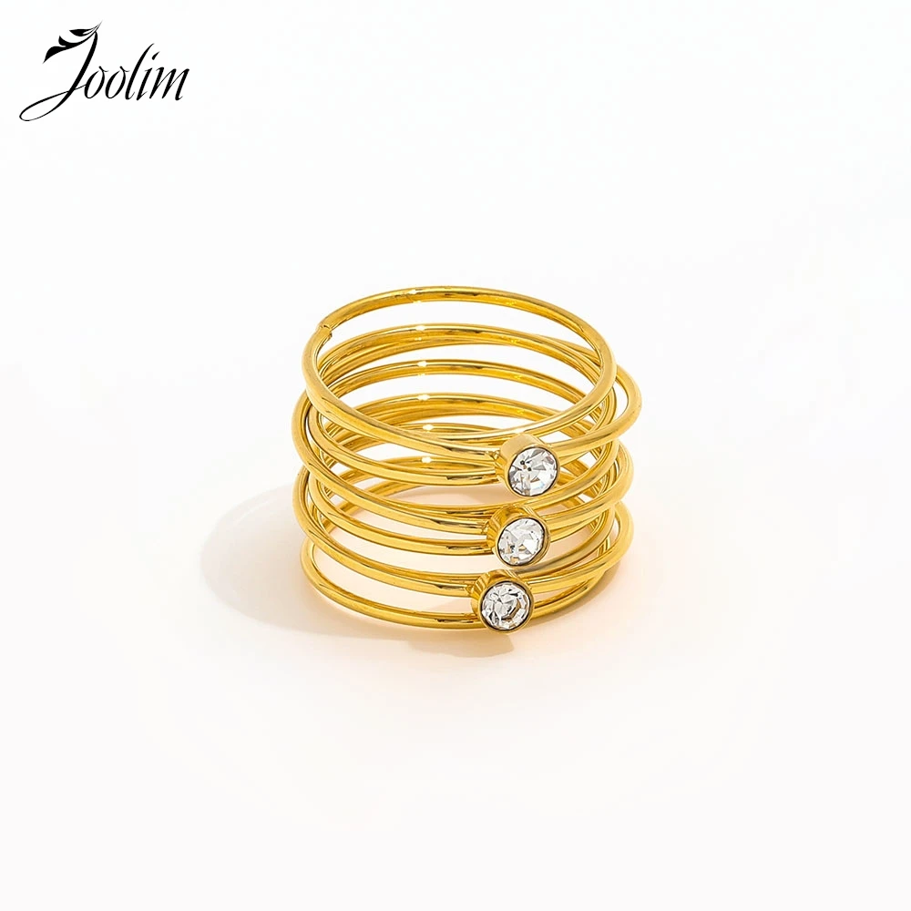 Joolim Jewelry Wholesale High End PVD Waterproof Fashion Dainty Multi-layer Line Three Zirconia Stainless Steel Ring For Women