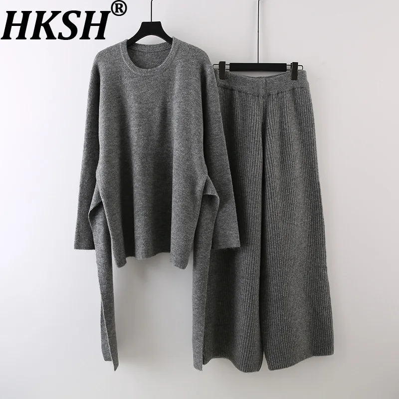 

HKSH Осенний новый женский комплект из двух предметов с круглым вырезом и длинным рукавом, однотонные элегантные модные топы на шнуровке, повседневные широкие брюки HK10052