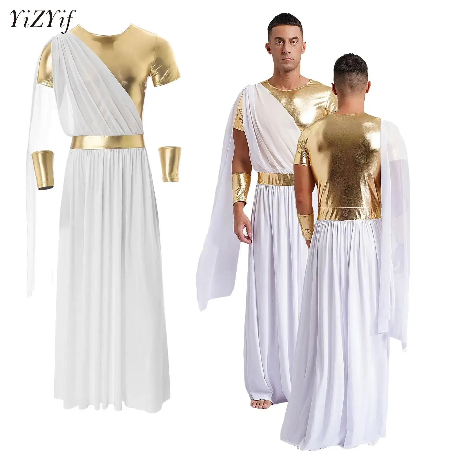 

Mens Halloween Ancient Greek God Toga Costumes Roman Emperor Role Play Robe Metallic Tunic Robe+Wristband Outfit Party Dress Up