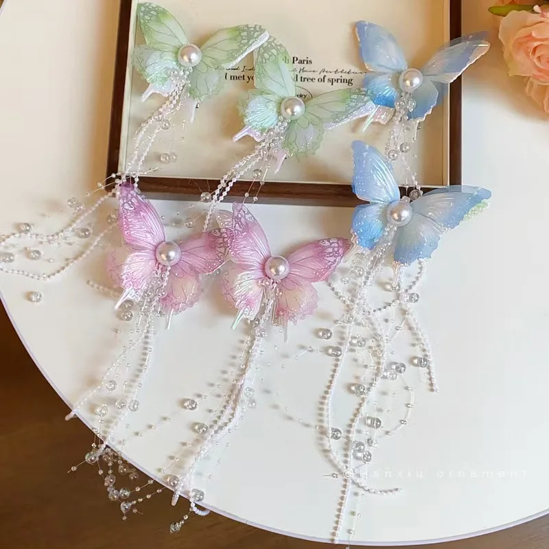 Gradient Purple Butterfly Hair Clips Girls Headpieces Pearls Chain Tassel Hairpins Women Chinese Hair Jewelry Accessories