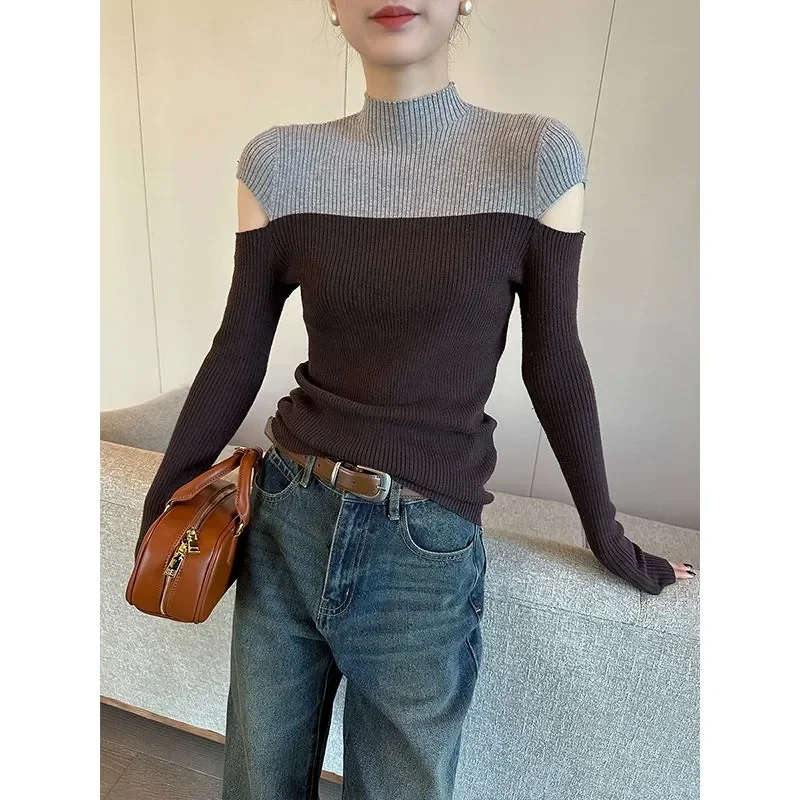 

2025 New Color-blocked Half Turtleneck Off-shoulder Sweater for Women Autumn Versatile Bottoming Sweater
