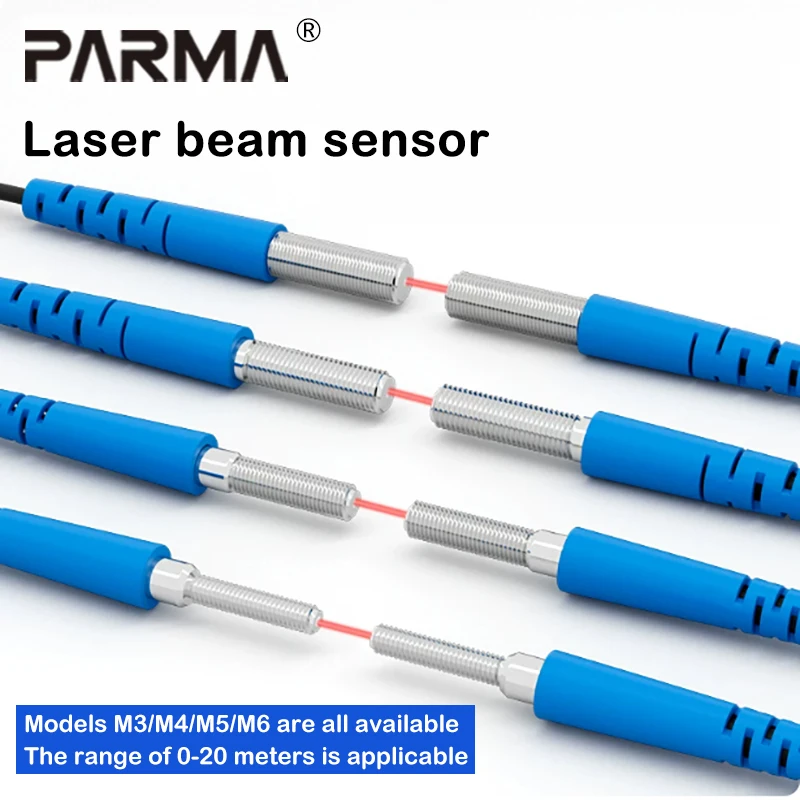 Miniature bidirectional laser sensing M6 concentrator type, with detection range of 0 - 20 meters, visible red light.
