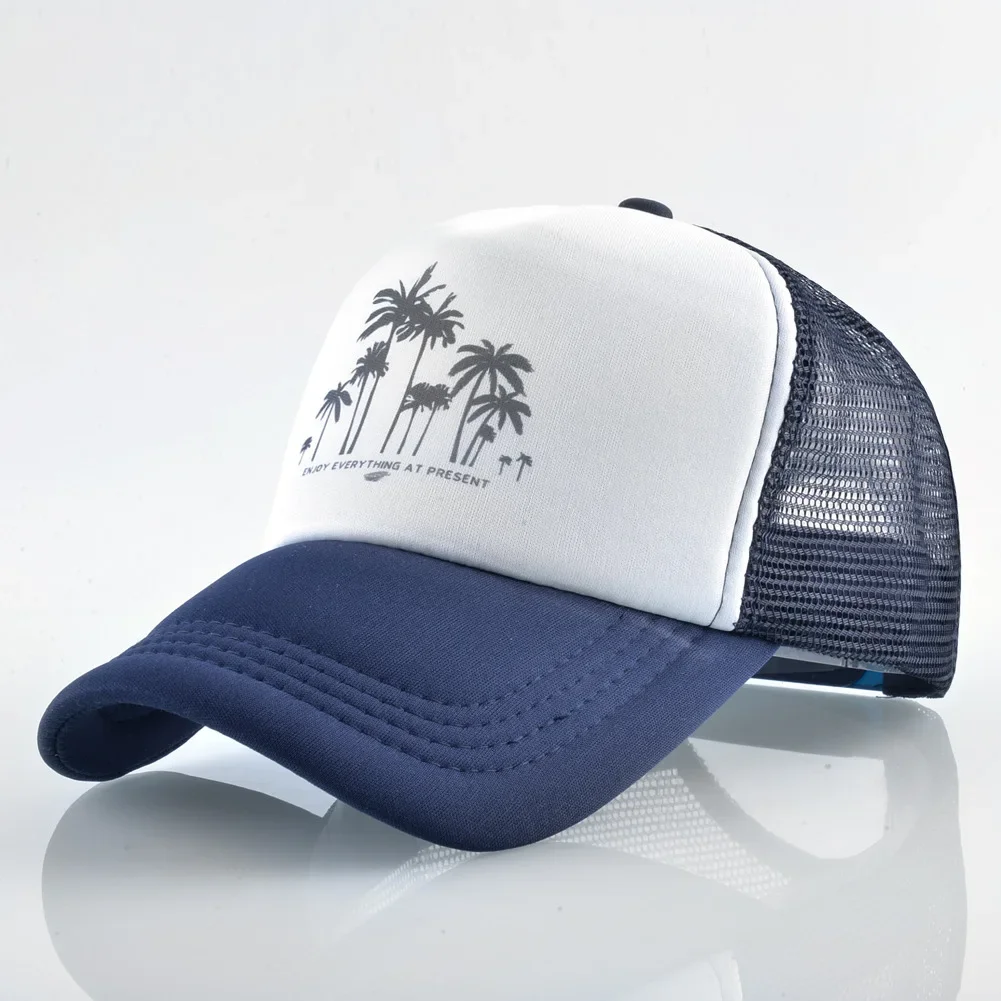 Men Baseball Hat Hollow Out Breathable Mesh Coconut Tree Print Cap Sunscreen Sun Hat Adjustable Sports Cap Summer Trucker Hat