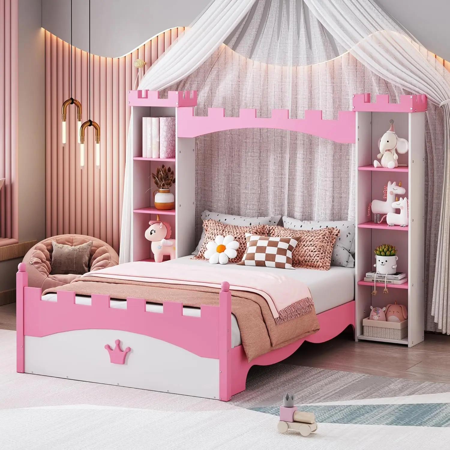 Softsea Twin Size Platform Bed With Storage Shelves, Castle Shaped Bed For Kids, Twin Size Princess Bed For Girls, Kids Twin