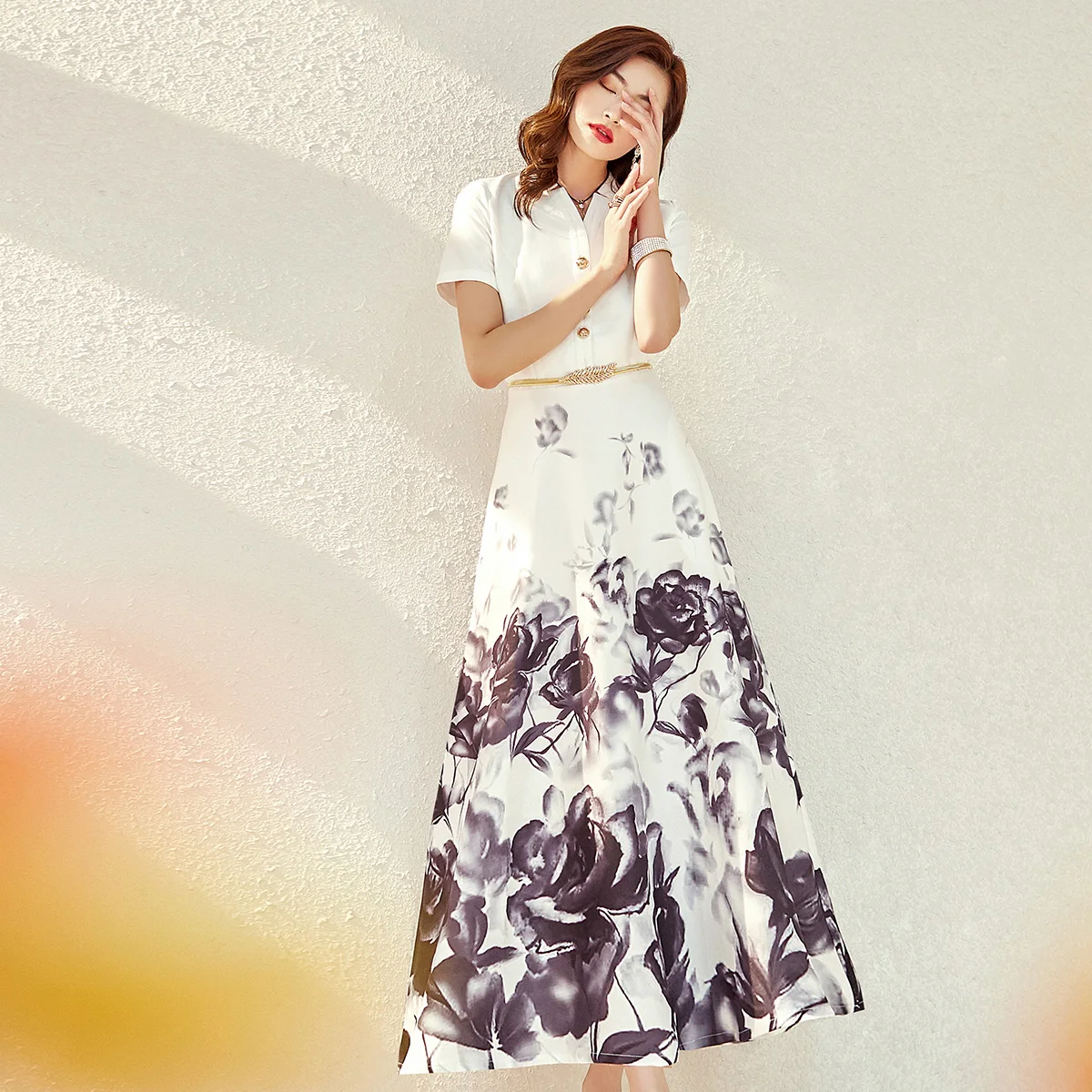 2020 New Spring and Autumn Women V Neck Retro Printed Super Long Dress Ladies Elegant Slim Hepburn Style Maxi Long Dresses