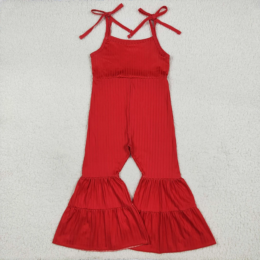 

Baby Girls Red Strap Bell Bottom Ribbed Jumpsuit Patchwork Ruffle Kids Girls Romper with Straps