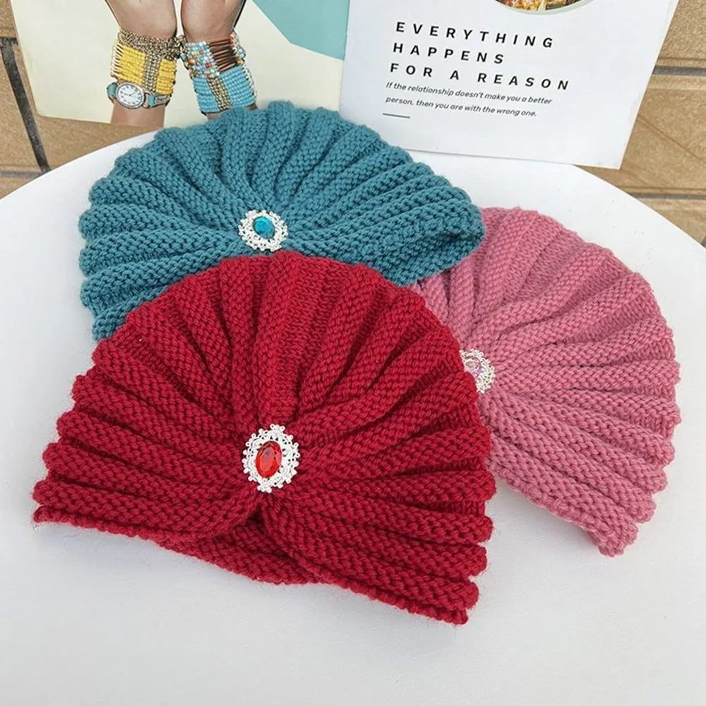 Fashion Winter Warm Hijab Caps Soft Thick Bohemia Turban Diamond Jewelry Wool Knitting Knitted Hats for Women