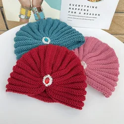 Fashion Winter Warm Hijab Caps Soft Thick Bohemia Turban Diamond Jewelry Wool Knitting Knitted Hats for Women
