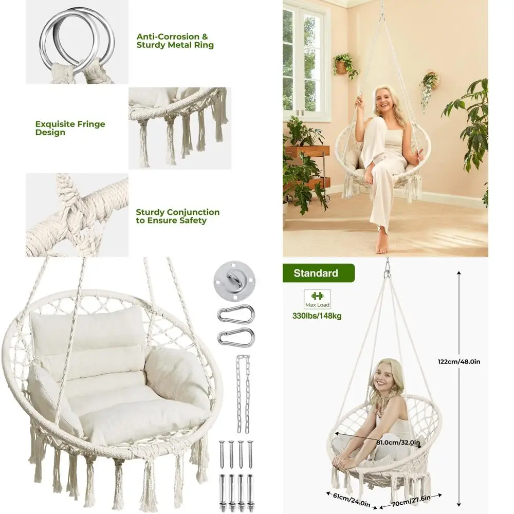 

Стул-гамак в стиле макраме в стиле бохо с подушкой, идеально подходит для помещений и улицы, поддерживает до 330 фунтов, бежевый