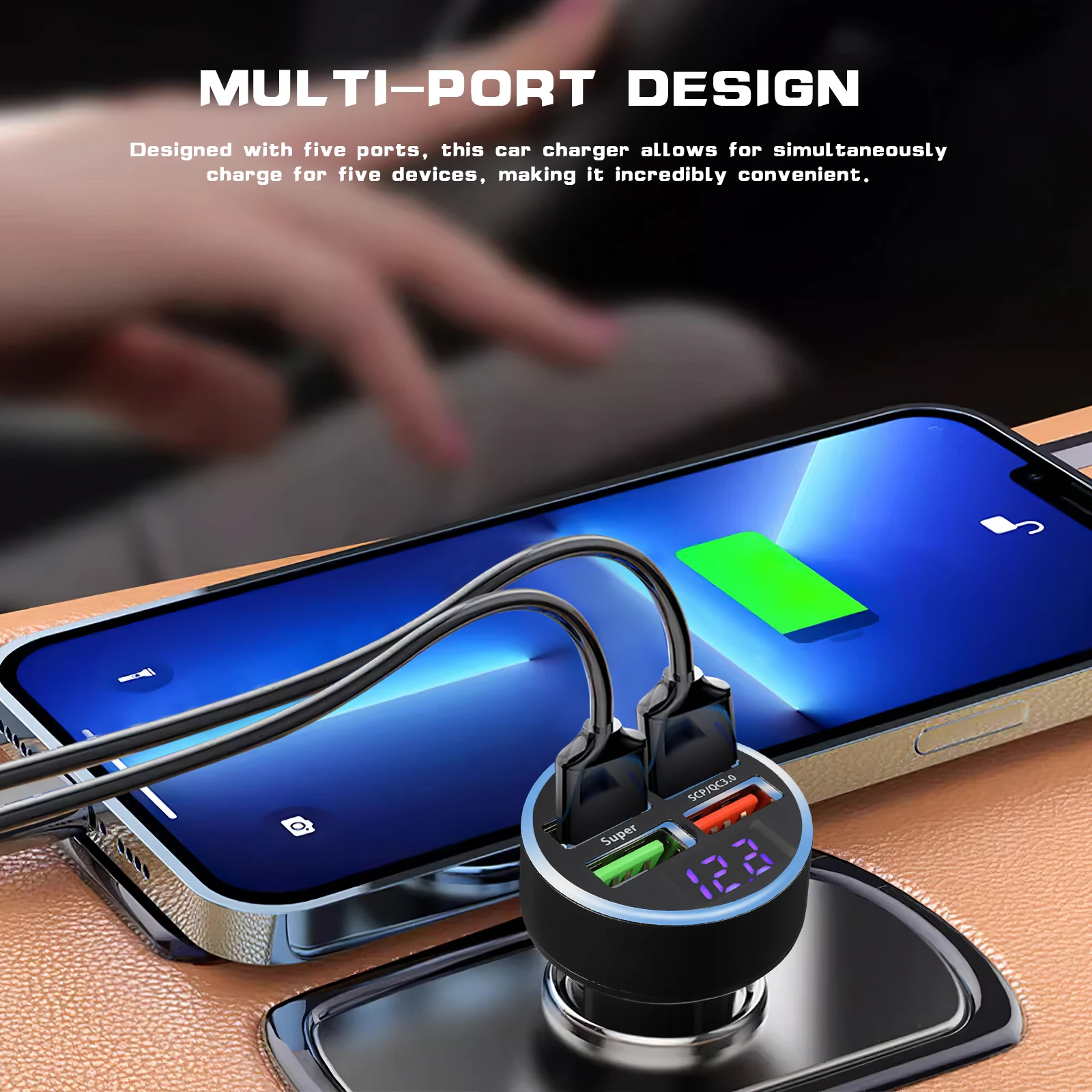 

Digital Display 5 Ports Car Black Color Fast Charging Adapter Vehicle Usb C Compatible