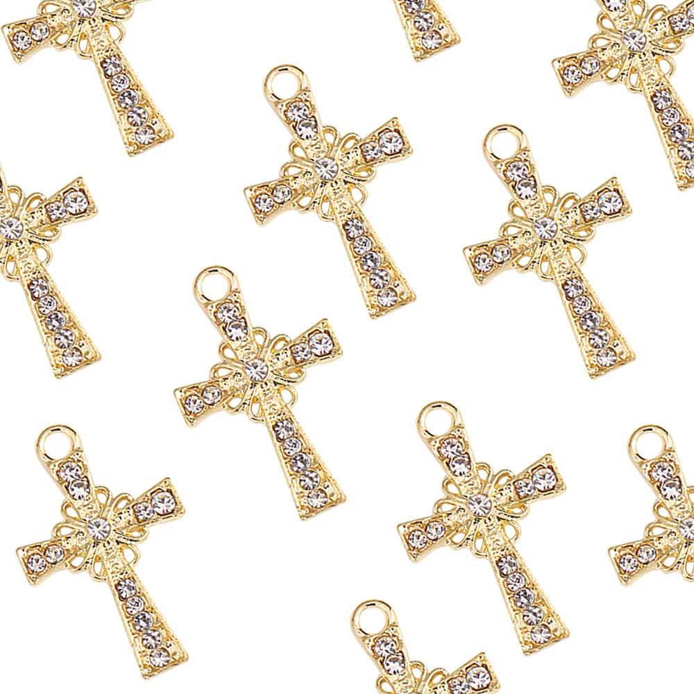 20Pcs Religion Shiny Gold Rhinestones Cross Charm Pendants For Jewelry Making Handmade Necklace Keychain Diy Jewelry Findings