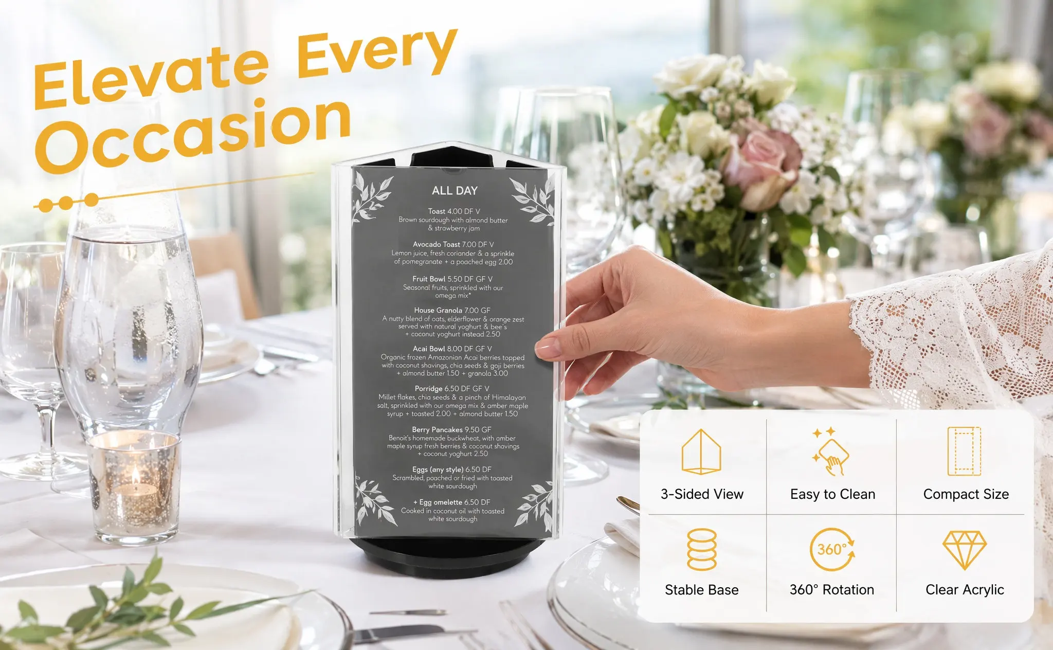 Heavy Base Acrylic Rotating Table Sign Holder Swivel Menu Display Stand for Wedding Banquet Restaurant Counter Exhibition Use