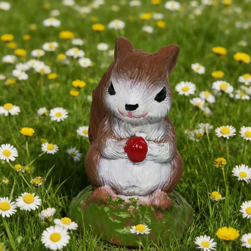 Pastoral-Style Resin Garden Statue of a Squirrel Holding Red Fruit, Paired with Decorative Items Next to the Green Plants in the Floral Shop Window, Symbolizing Smooth Business Operations and Abundant Customer Flow, Ha