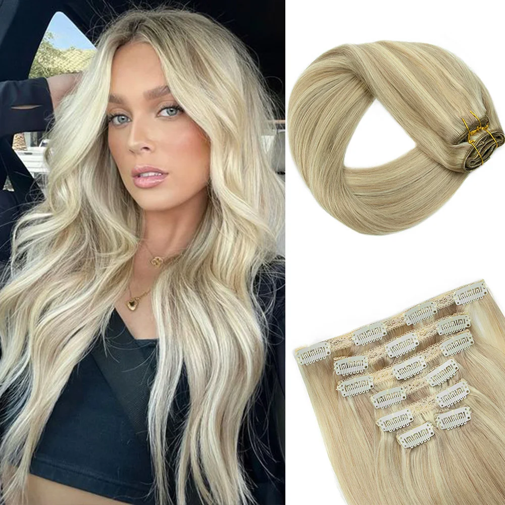 Straight Clip in Hair Extensions Human Hair 7pcs Natural Hair Extensions Black Brown Blonde Double Weft Hair Pieces with Clips