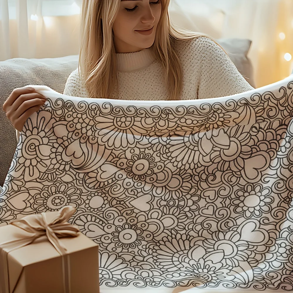 Aesthetic Mandala Throw Blanket Intricate Line Art Boho Floral Geometric Pattern Coloring Book Cozy Knit Decor Gift for Couch
