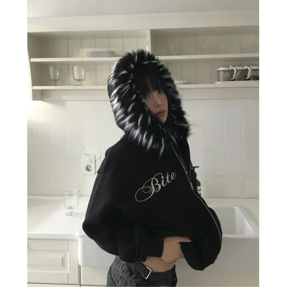 ティエンエド刺繍入りレターフード付きスウェットシャツ、秋冬新作、ストリート系、パーソナル、ファー裏地付き、韓国風、女性用...