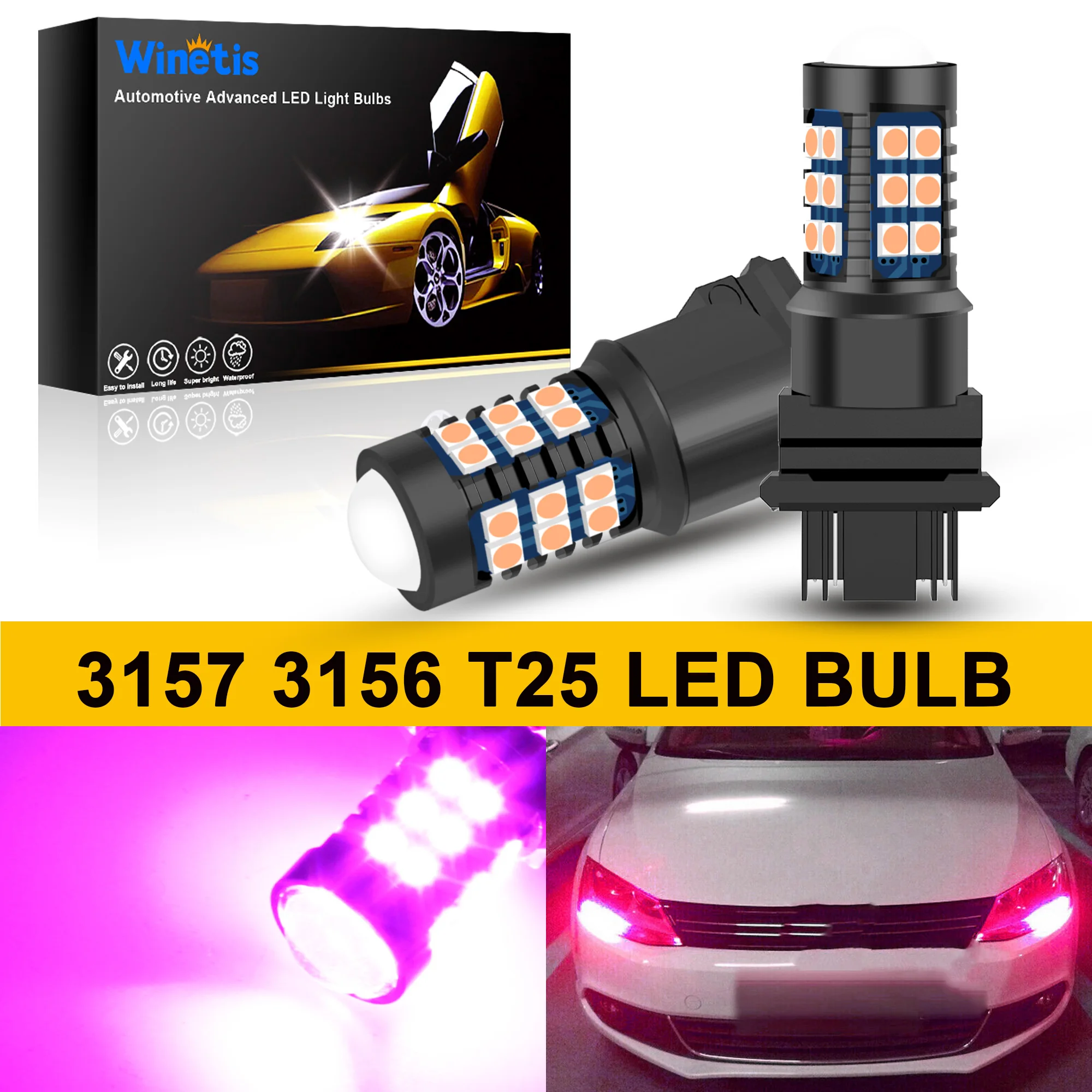 Winetis 2X T25 Wedge 3156 3157 LED Bulbs Pink/Purple Daytime Running Light DRL Bulbs 3157A 3457NA 4157NAK 5702AK Super Bright