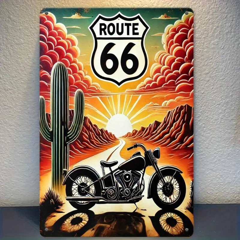 Vintage Route 66 Motorcycle Metal Wall Art - Iron Retro Americana Decor with Desert Landscape, Sunset Sky & Classic Design Garag