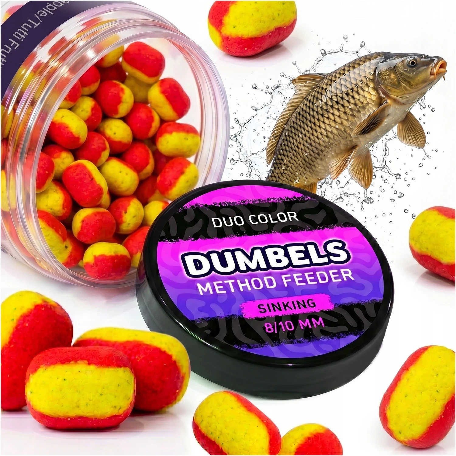 Method Feeder Dumbbell Boilies Duo Kleur Zinkende Ananas Aardbei Tutti Frutti 8-10mm 50g, Tweekleurig Tweekrachtig Karper Aas, Klaar om te gebruiken Ground Hair Rig Aas, Zinkende Feeder Boilies voor