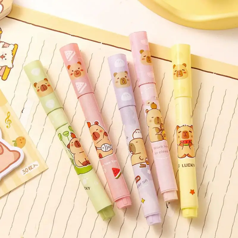 قلم تحديد كارتوني للأطفال، مجموعة أقلام تحديد كابيبارا الجمالية مكونة من 6 أطراف إزميل، ألوان متنوعة، مستلزمات مدرسية