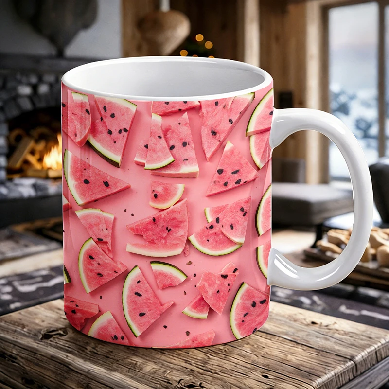

Summer Watermelon Slice Mug, Pink Background Fruit Ceramic Mug, Coffee Cup, Milk Cup, Office Tea Cup, Gift for Friends