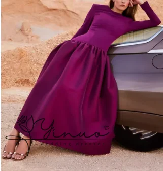 customized Quality Grape Evening Celebrity Dress O-Neck Long Sleeves Ankle Length Satin Prom Formal Party Gowns Modern Robe De S