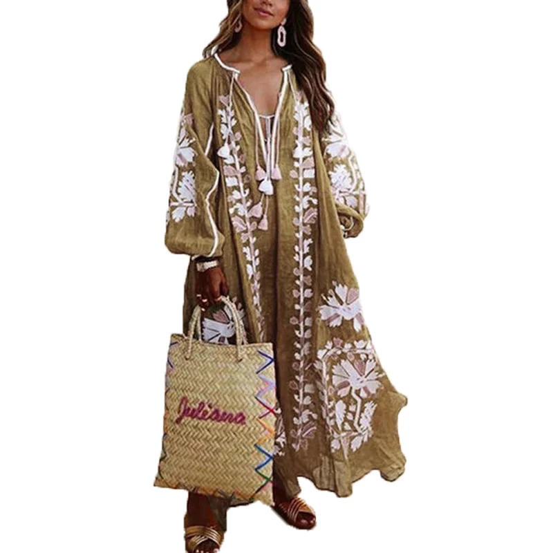 Woman Maxi Dress Boho Print Lace Up Long Sleeve Dress V-neck loose Fashion Bohemian Beach Vintage Ruffle Hem 2022 Print Dresses