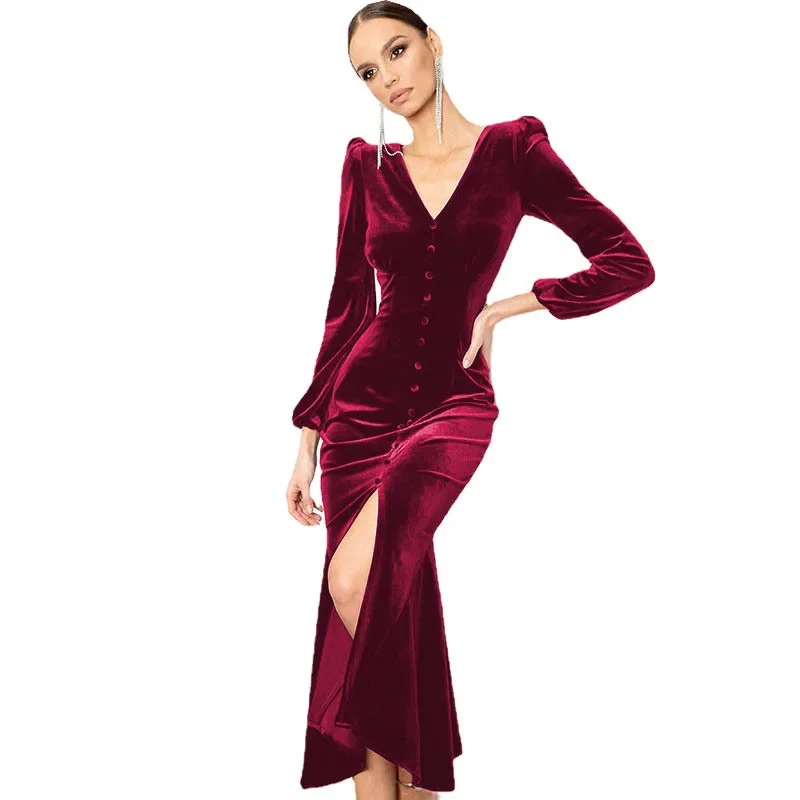 Elegant Sexy Long Sleeve V Neck Button Slim Slit Evening Graduation Gala Long Dress Robe Autumn Winter Women Corset Party Dress