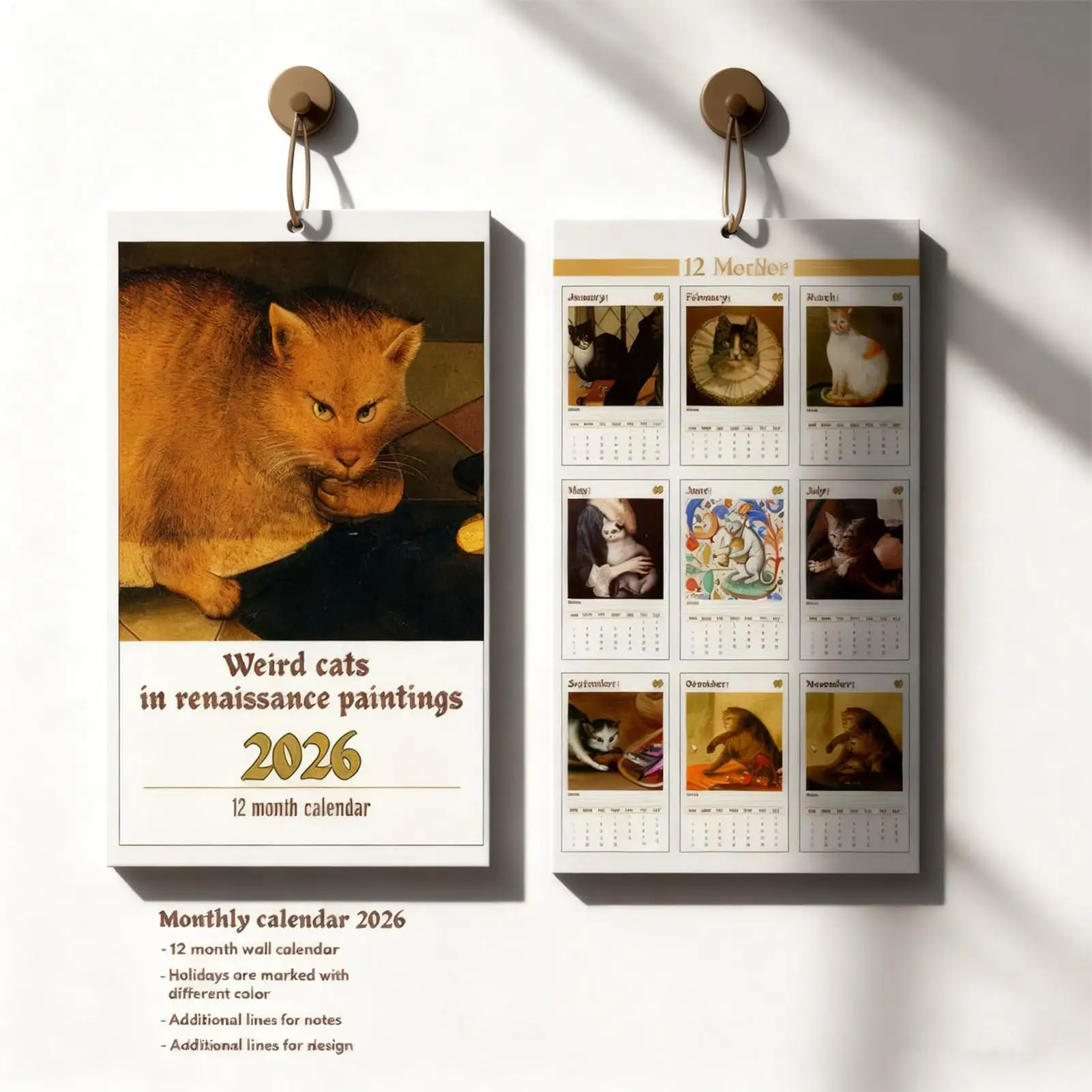 

Кошачий календарь на 2026 12-месячный планировщик эпохи Возрождения, вертикальный подвесной настенный календарь для кухни, гостиной, школы, рабочего места
