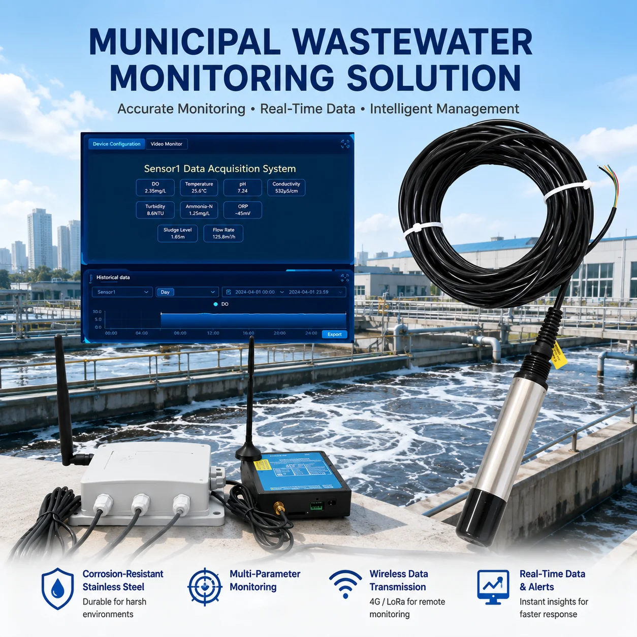 IoT DO Monitoring System High Accuracy Optical DO Meter Low Maintenance Environmental Fluorescence DO Probe for Wastewater