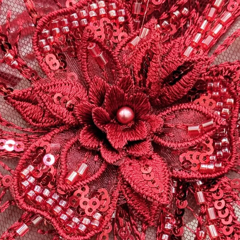 Red Wine Color Embroidered Bead Patch 3D Shiny Sequin Netting Embroidery Patch  Dress Decoration Accessories