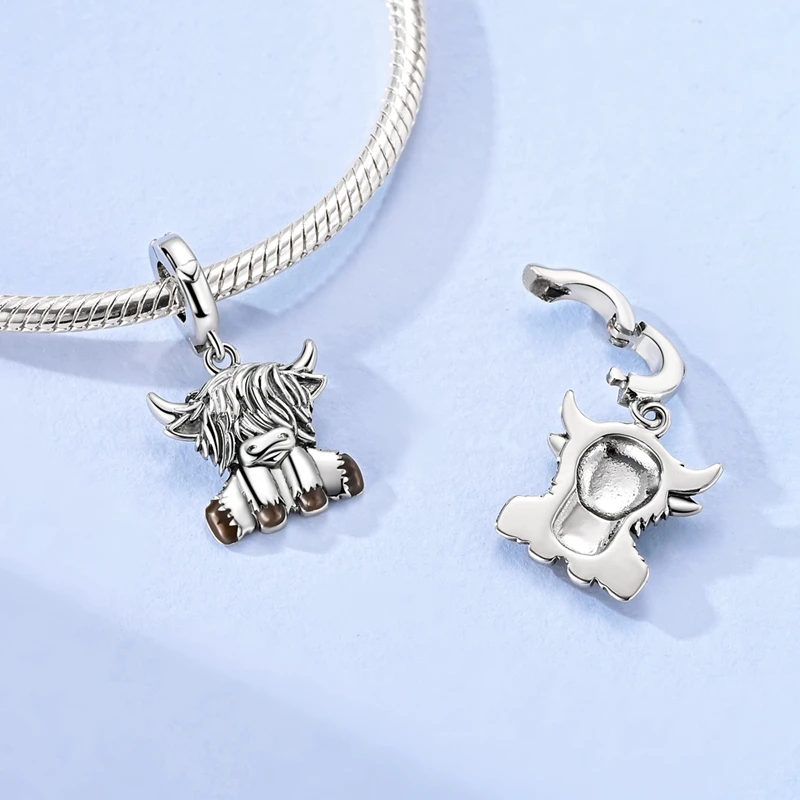 925 Sterling Silver Charms Bead CZ Zircon Highland Cattle Dangle Fit Original Bracelet DIY Women Jewelry Gift