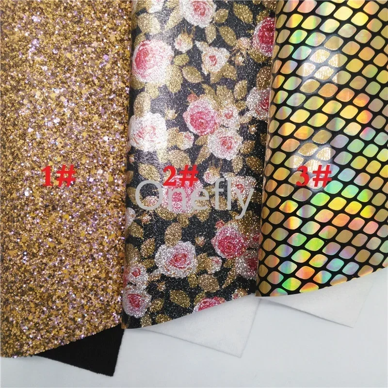 Onefly 21X29CM Rose Printed Glitter Fabric Iridescent Faux Leather, Gold Glitter Fabric Sheets For Bow DIY  handbags shoes BQ061