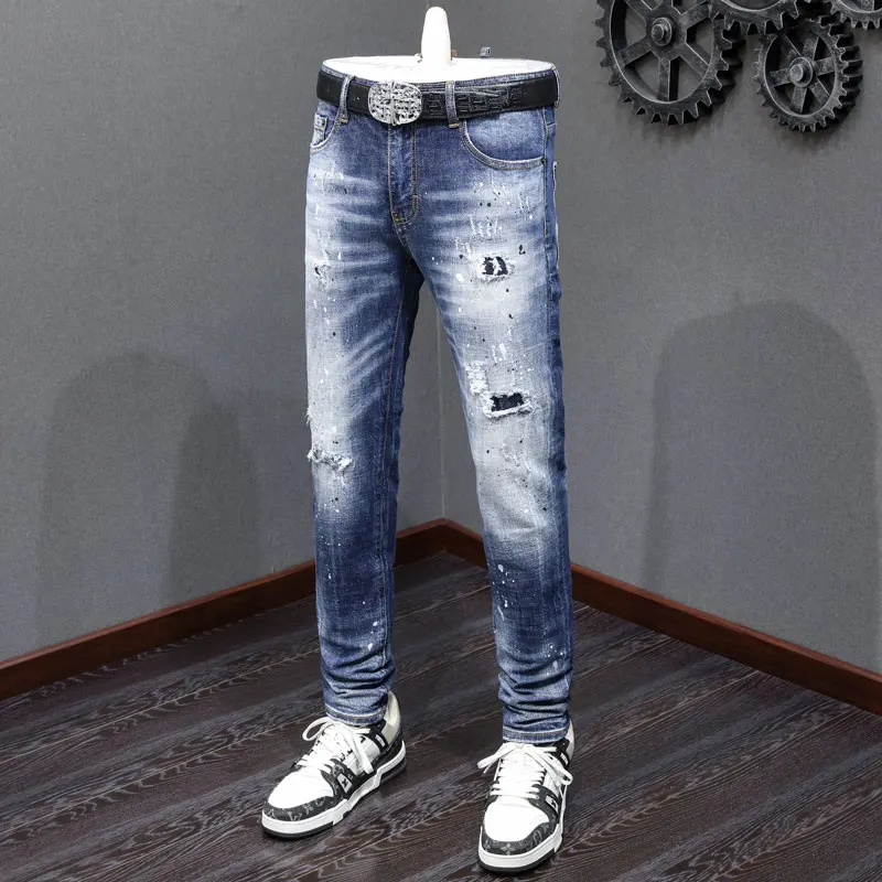 

Street Fashion Men Jeans Painted Designer Retro Blue Stretch Slim Fit Brand Ripped Jeans Men High Quality Hip Hop Denim Pants