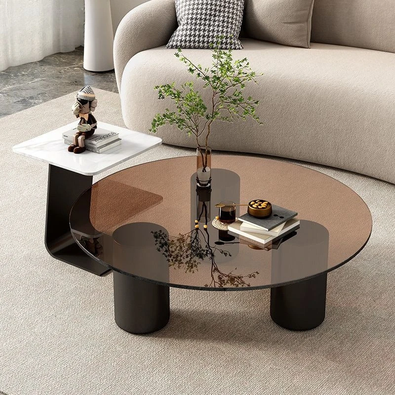 

Minimalist modern simple living room household light luxury round glass rock slab Italian small apartment coffee table side