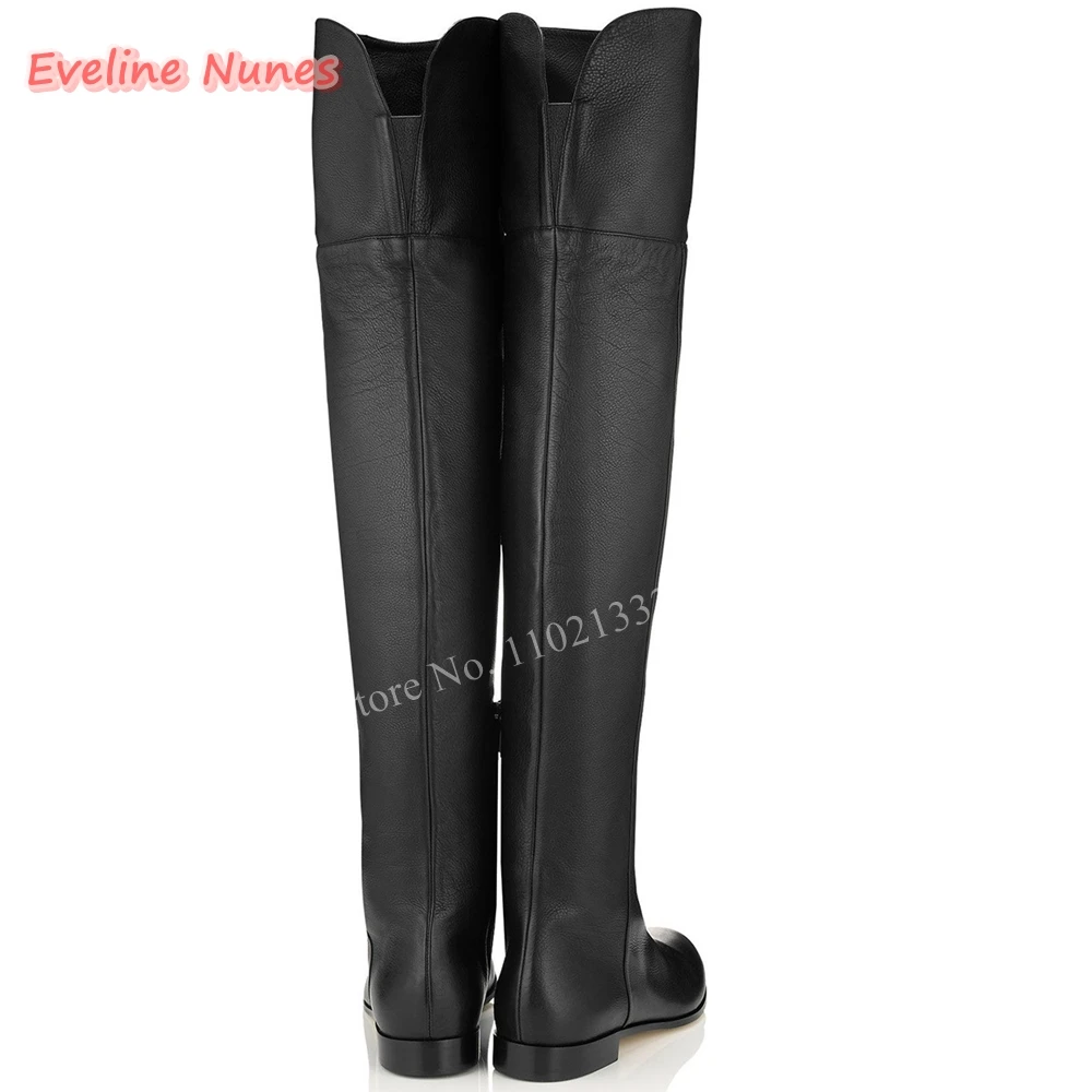 Black Flat Over The Knee Boots News Women's Winter Luxury Matte Leather Side Zipper Round Toe Fashion Plus Size Solid Shoes