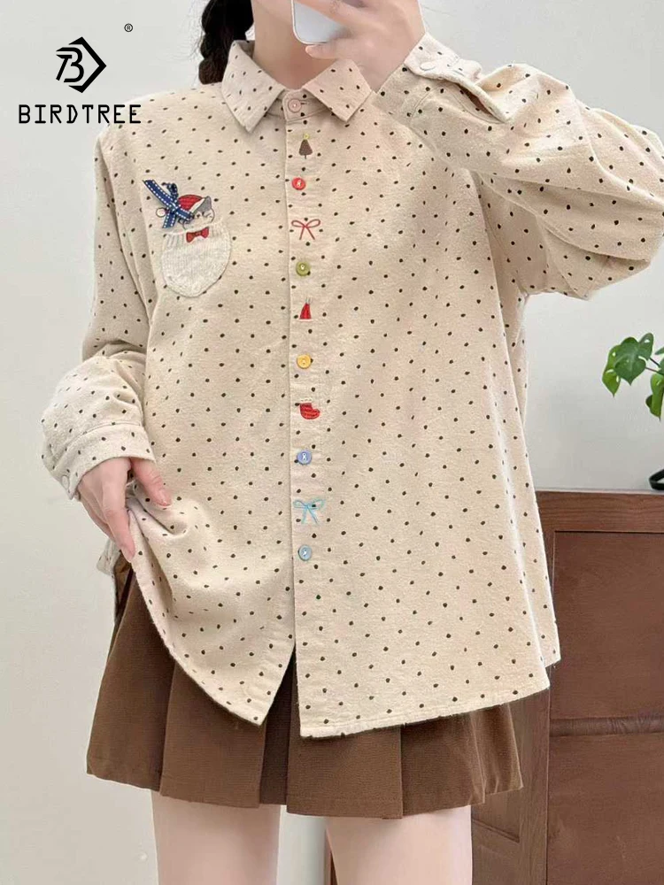 

Новинка 2025, осенняя хлопковая рубашка с длинными рукавами и начесом, женская рубашка с отложным воротником и вышивкой в горошек, милая свободная блузка Mori Girl T5O611CC