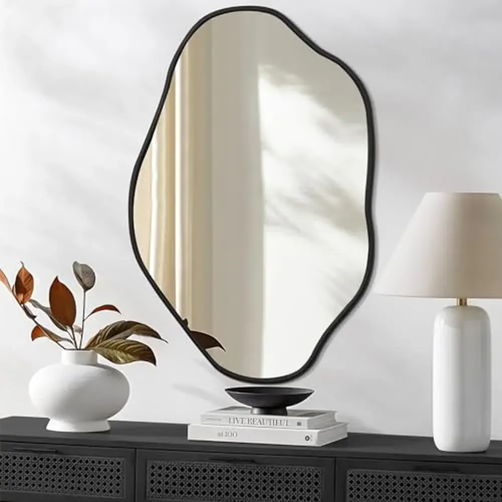 

Modern Irregular Wall Mirror 24x36 Inch Black Wood Vanity Decor Bathroom Asymmetrical Mirror