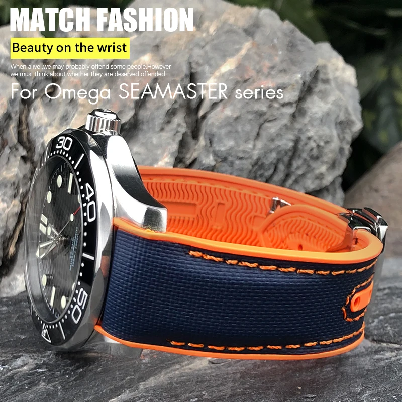 Rubber Nylon Silicone Watchband for Omega GMT Planet Ocean Seamaster Diver 300 Curved End 19mm 20mm 21mm 22mm Orange Watch Strap