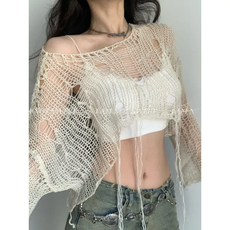 2024 Y2K Women\'s Knit Tshirt Hollow Out Knitwear Cropped Sweater Spring Short Networks Jumper Vintage Gyaru Korean Fashion