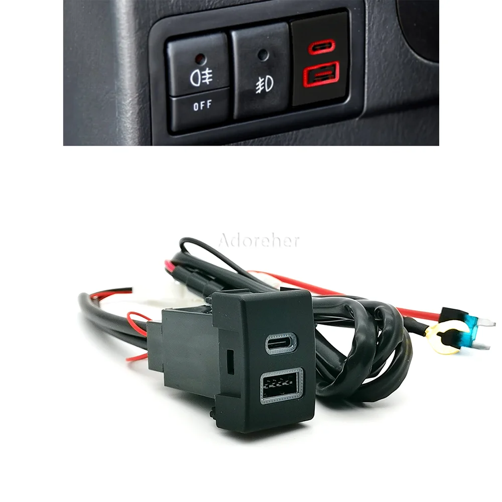 Car Dual USB C PD Ports QC3.0 Right Hole Position 12V Cigarette Lighter Socket Quick Charger Use For Suzuki Jimny 07-15