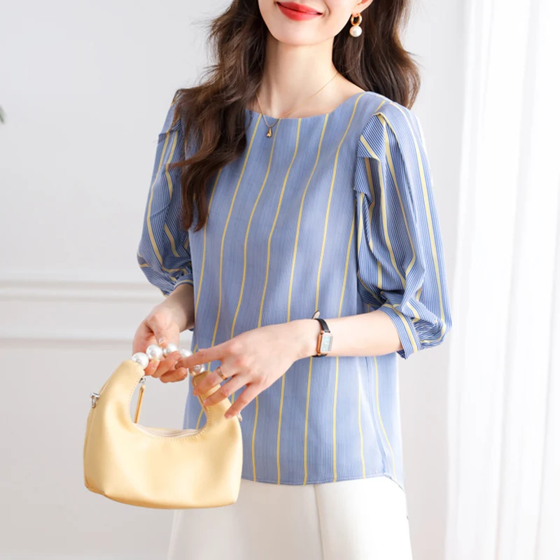 Striped Chiffon Blouses Women Fashion Loose Tops Short Sleeve Office Lady Shirts Blusa Feminina 2023 Summer Korean Woman Clothes